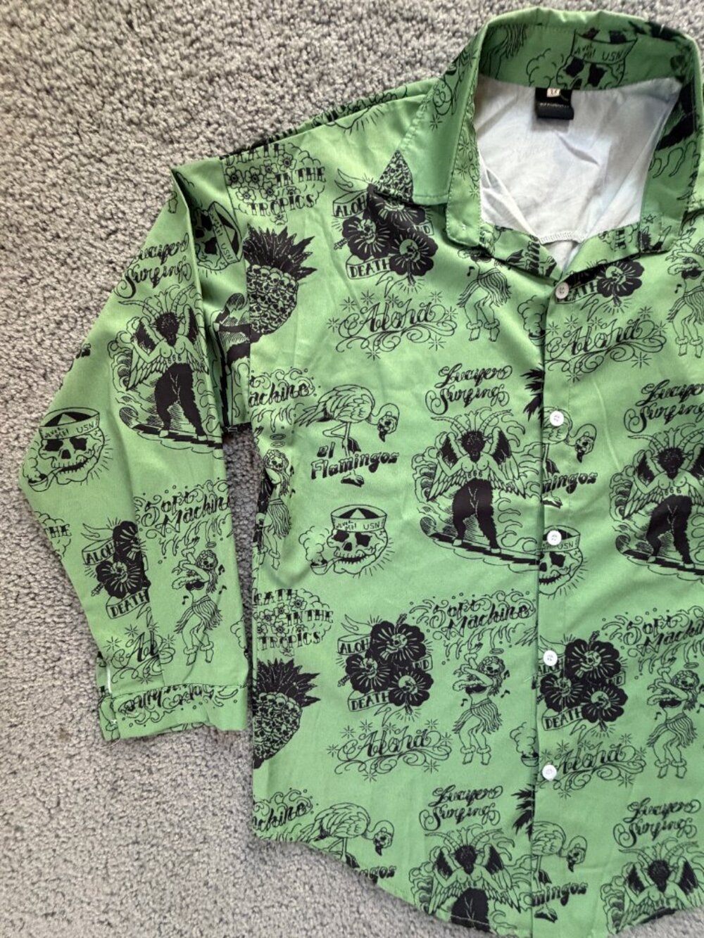 RFAUSNTIY Green Tattoo Print Lucifer Surfing Hawaiian Shirt Sz M 3/4 Sleeve -EUC - Picture 5 of 11